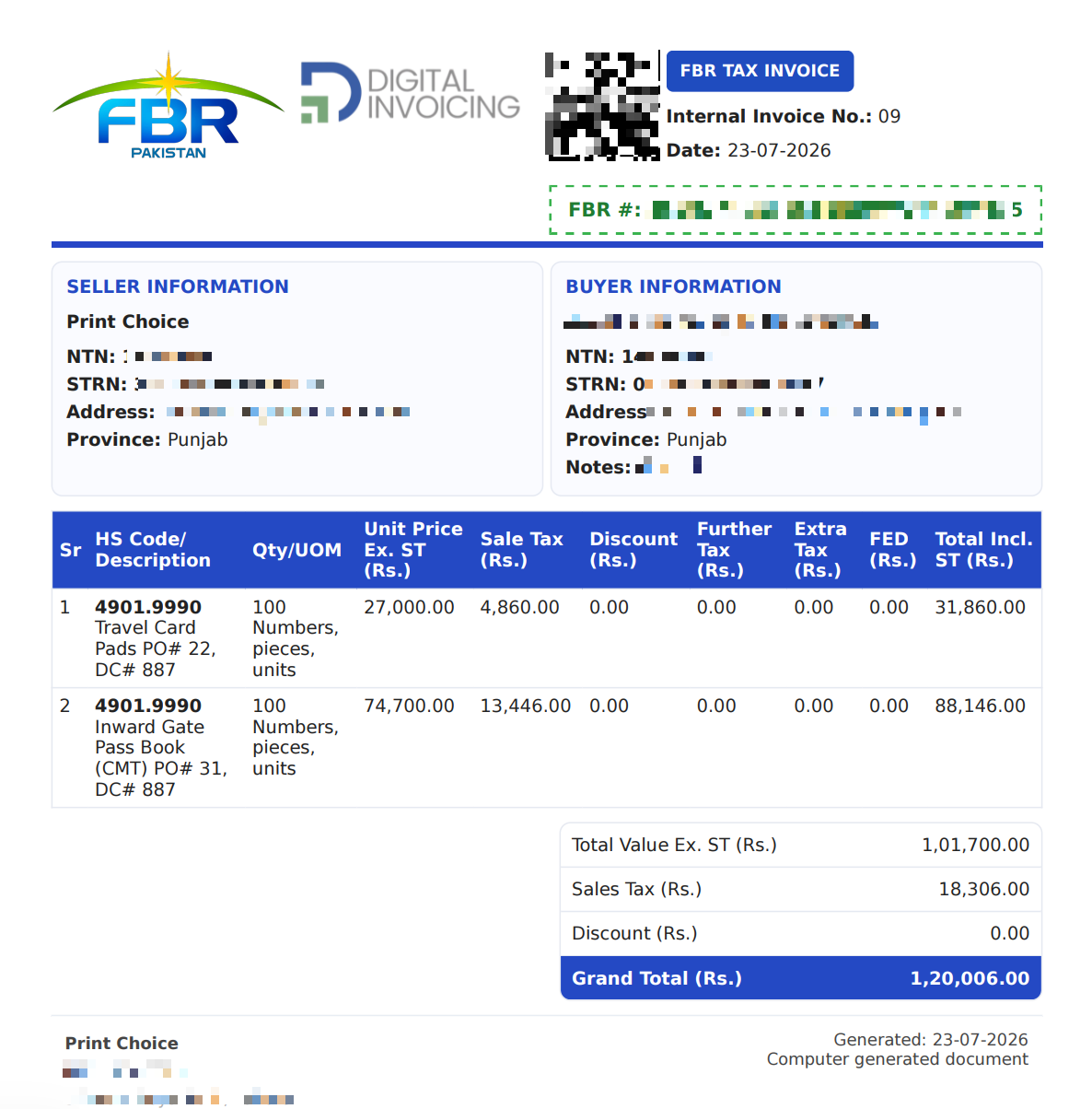 Generated FBR tax invoice