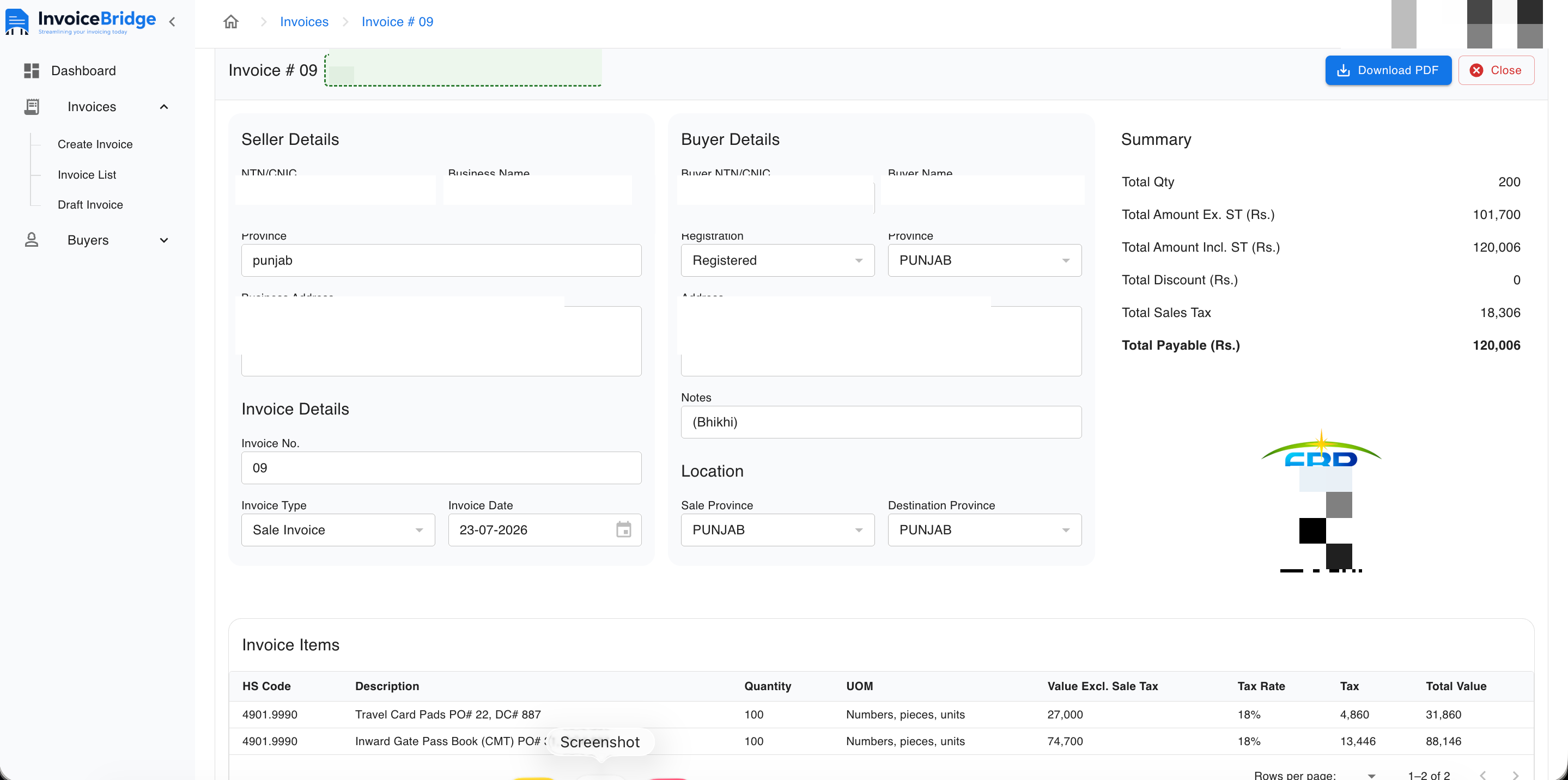 InvoiceBridge — generating an invoice